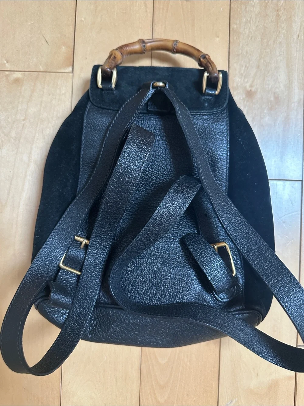 Gucci Black Suede & Leather Backpack with Bamboo Handle Accent